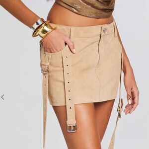 Retrofete VERNA suede LEATHER SKIRT Tan Mini buckles low rise NWT XL